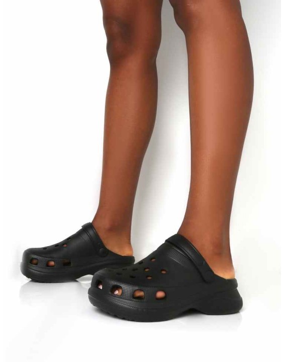 Frenzy Black Rubberised Sling Back Closed Toe Clog Sandals
