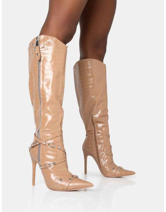 Worthy Camel Croc Studded Zip Detail Pointed Toe Stiletto Knee High Boots