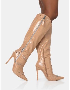 Worthy Camel Croc Studded Zip Detail Pointed Toe Stiletto Knee High Boots