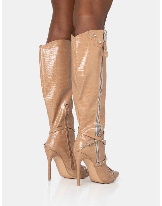 Worthy Camel Croc Studded Zip Detail Pointed Toe Stiletto Knee High Boots