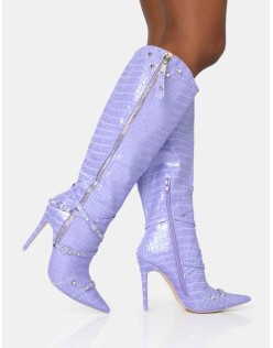 Worthy Lilac Croc Studded Zip Detail Pointed Toe Stiletto Knee High Boots