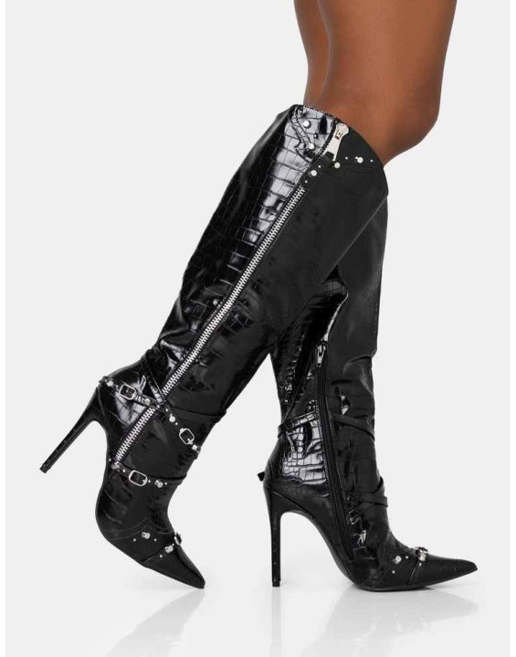 Worthy Black Croc Studded Zip Detail Pointed Toe Stiletto Knee High Boots