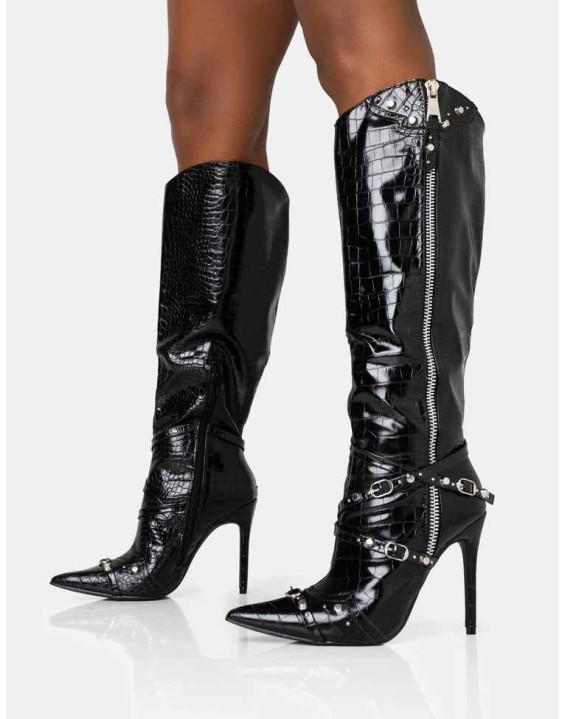 Worthy Black Croc Studded Zip Detail Pointed Toe Stiletto Knee High Boots