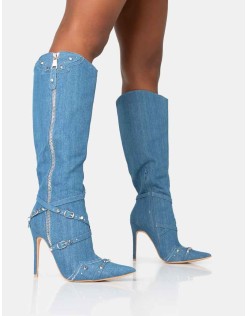 Worthy Blue Denim Studded Zip Detail Pointed Toe Stiletto Knee High Boots