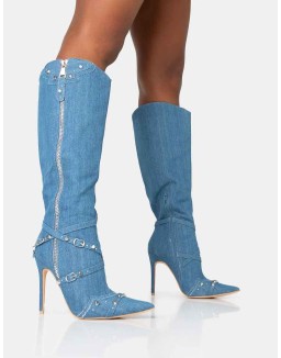 Worthy Blue Denim Studded Zip Detail Pointed Toe Stiletto Knee High Boots