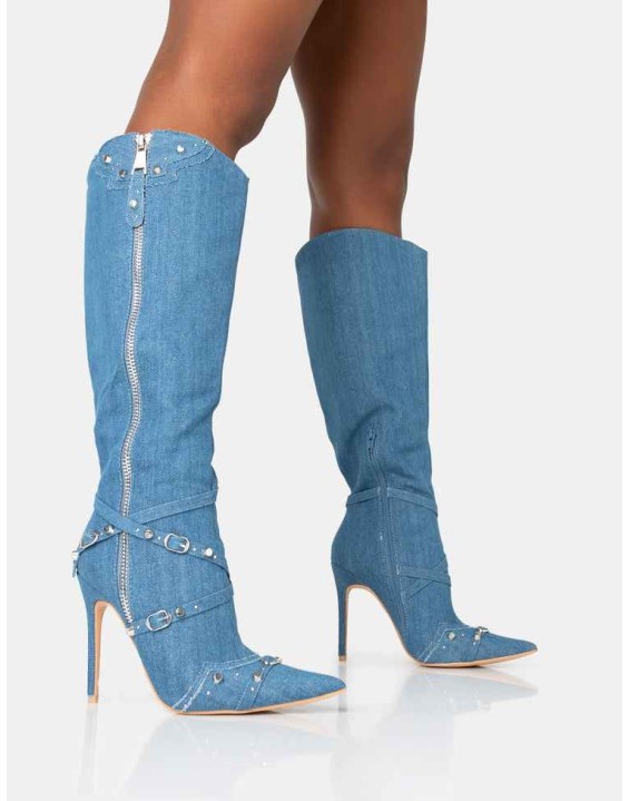 Worthy Blue Denim Studded Zip Detail Pointed Toe Stiletto Knee High Boots