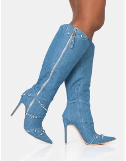 Worthy Blue Denim Studded Zip Detail Pointed Toe Stiletto Knee High Boots