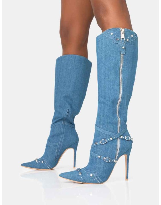 Worthy Blue Denim Studded Zip Detail Pointed Toe Stiletto Knee High Boots