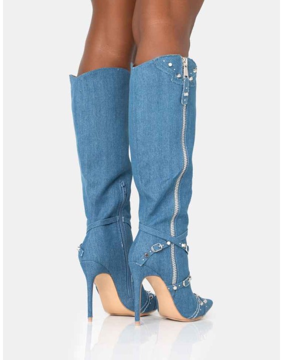 Worthy Blue Denim Studded Zip Detail Pointed Toe Stiletto Knee High Boots