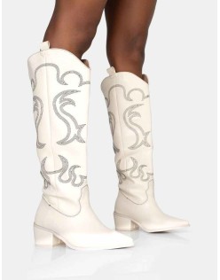 Cooper Ecru PU Western Embroidered Knee High Cowboy Boot