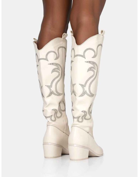 Cooper Ecru PU Western Embroidered Knee High Cowboy Boot