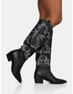 Cooper Black PU Western Embroidered Knee High Cowboy Boot