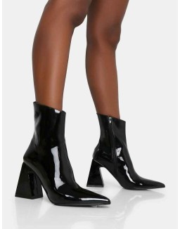Kenzie Black Patent Pointed Toe Block Heel Ankle Boots