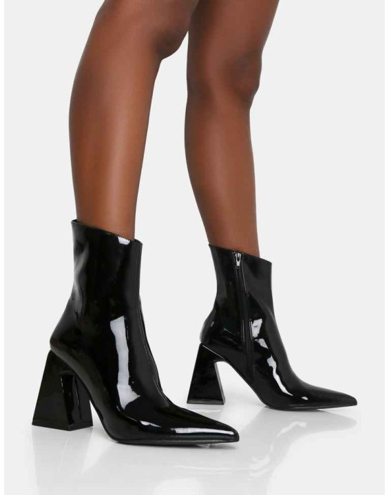 Kenzie Black Patent Pointed Toe Block Heel Ankle Boots