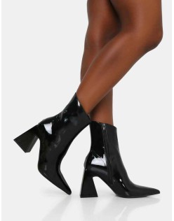 Kenzie Black Patent Pointed Toe Block Heel Ankle Boots