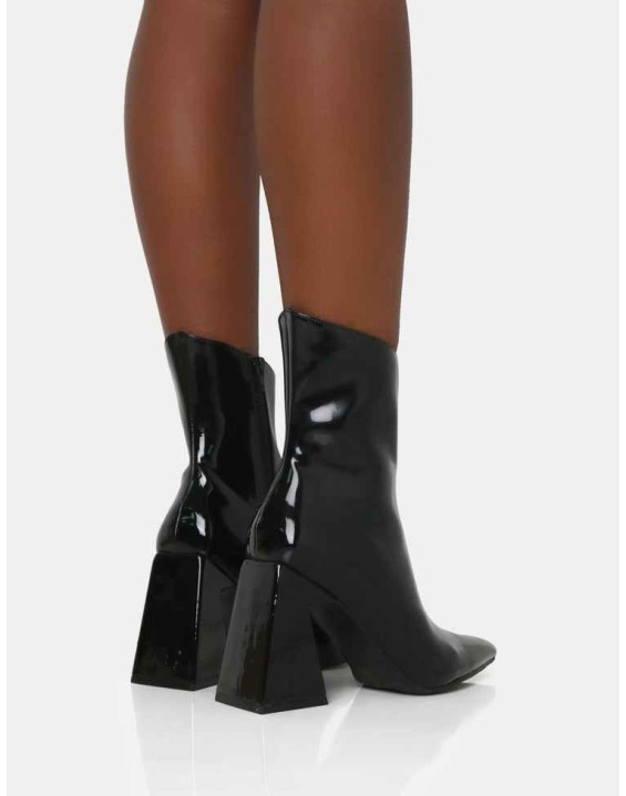 Kenzie Black Patent Pointed Toe Block Heel Ankle Boots