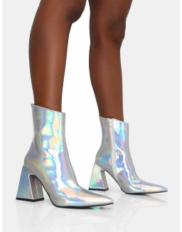 Kenzie Holographic PU Pointed Toe Block Heel Ankle Boots