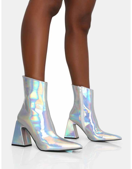 Kenzie Holographic PU Pointed Toe Block Heel Ankle Boots