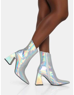 Kenzie Holographic PU Pointed Toe Block Heel Ankle Boots