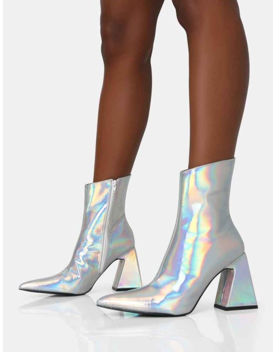 Kenzie Holographic PU Pointed Toe Block Heel Ankle Boots
