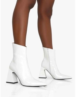 Kenzie White Patent Pointed Toe Block Heel Ankle Boots