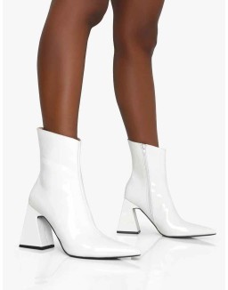 Kenzie White Patent Pointed Toe Block Heel Ankle Boots