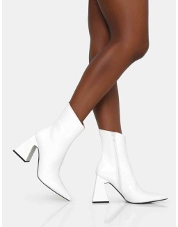 Kenzie White Patent Pointed Toe Block Heel Ankle Boots