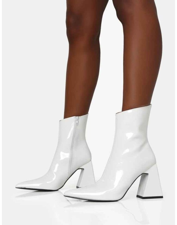 Kenzie White Patent Pointed Toe Block Heel Ankle Boots