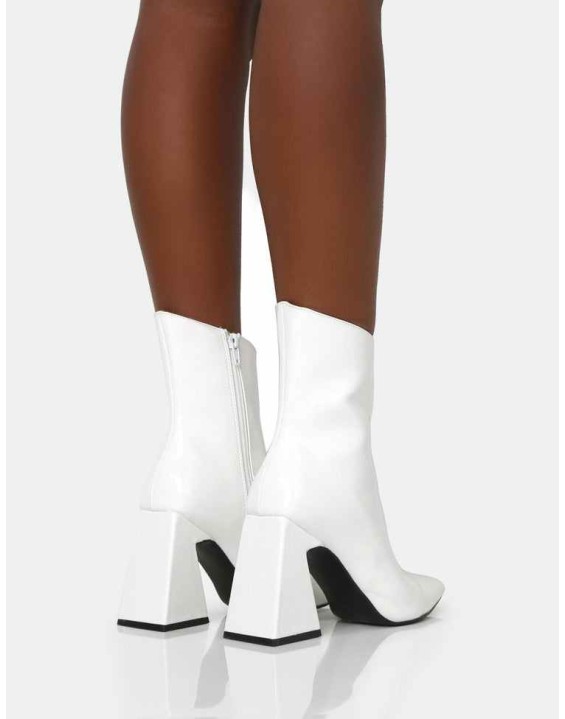 Kenzie White Patent Pointed Toe Block Heel Ankle Boots
