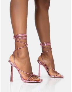 Lacey Pink Metallic Square Toe Strappy Lace Up Stiletto Heels