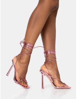 Lacey Pink Metallic Square Toe Strappy Lace Up Stiletto Heels