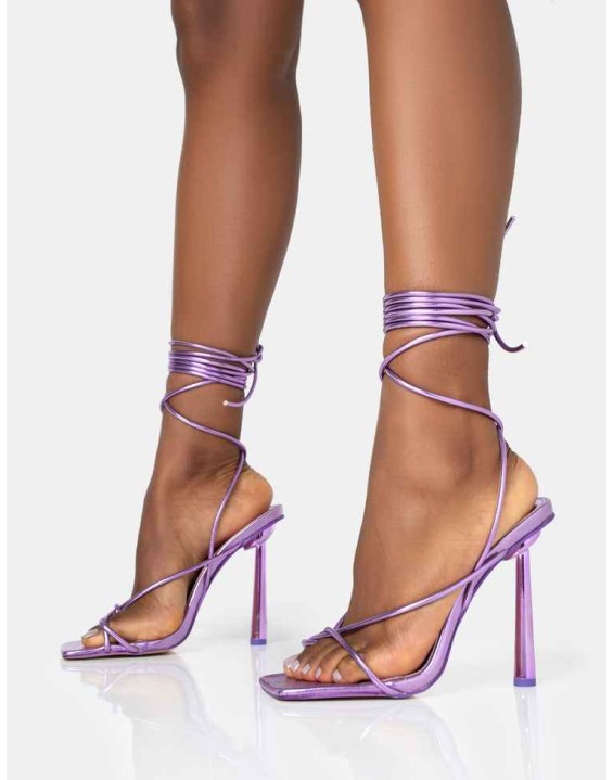 Lacey Purple Metallic Square Toe Strappy Lace Up Stiletto Heels