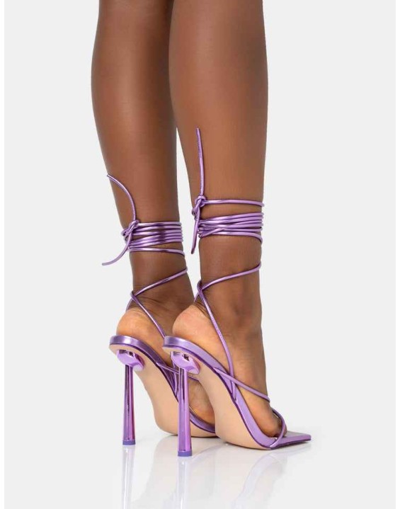 Lacey Purple Metallic Square Toe Strappy Lace Up Stiletto Heels
