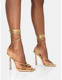 Lacey Gold Metallic Square Toe Strappy Lace Up Stiletto Heels