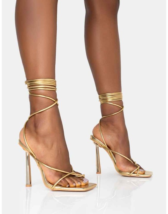 Lacey Gold Metallic Square Toe Strappy Lace Up Stiletto Heels