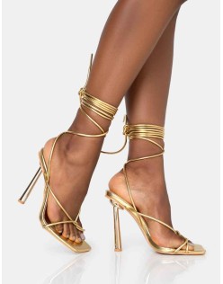 Lacey Gold Metallic Square Toe Strappy Lace Up Stiletto Heels