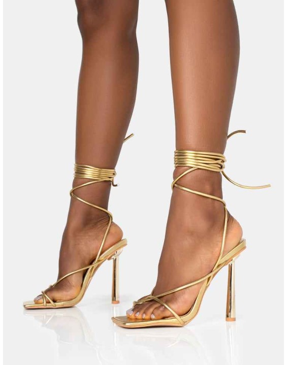 Lacey Gold Metallic Square Toe Strappy Lace Up Stiletto Heels