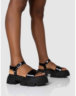 Athens Black Patent Round Toe Chunky Flat Sandals
