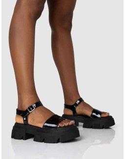 Athens Black Patent Round Toe Chunky Flat Sandals