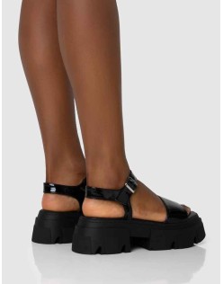 Athens Black Patent Round Toe Chunky Flat Sandals