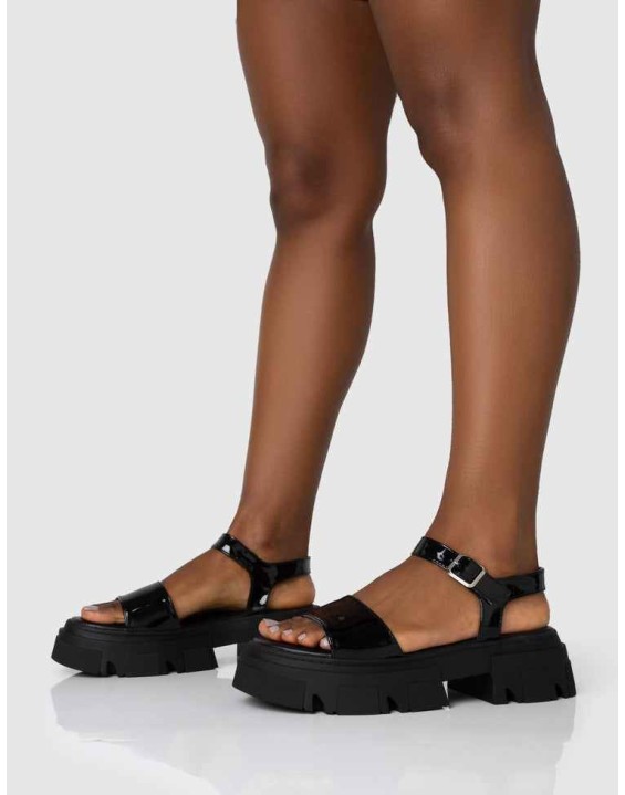 Athens Black Patent Round Toe Chunky Flat Sandals