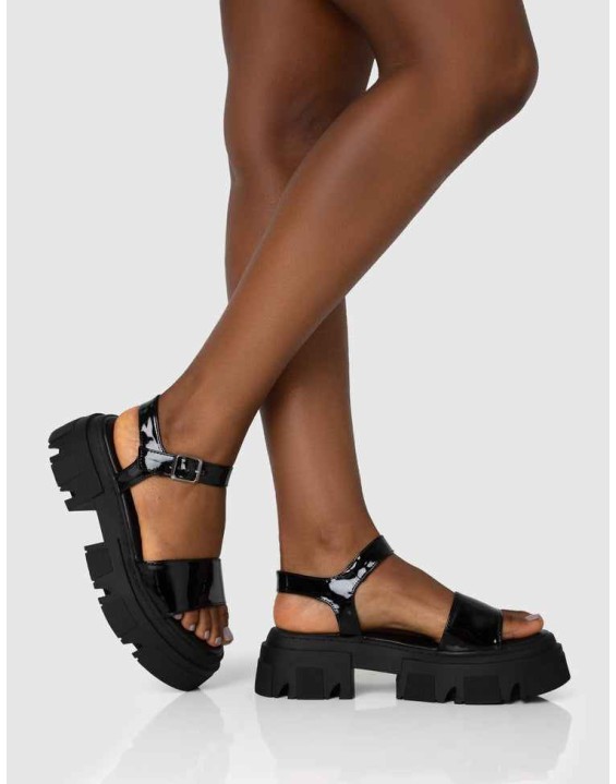 Athens Black Patent Round Toe Chunky Flat Sandals