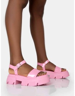 Athens Pink Patent Round Toe Chunky Flat Sandals