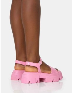 Athens Pink Patent Round Toe Chunky Flat Sandals