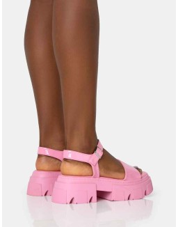 Athens Pink Patent Round Toe Chunky Flat Sandals