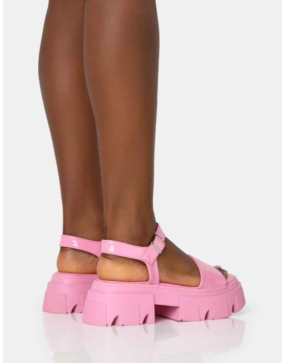 Athens Pink Patent Round Toe Chunky Flat Sandals