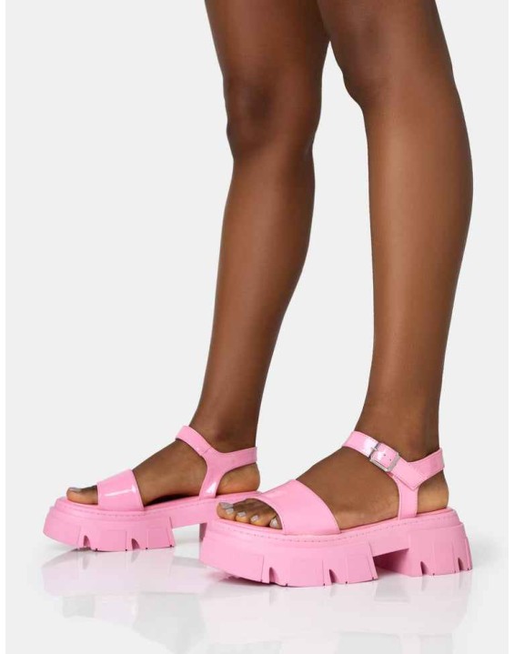 Athens Pink Patent Round Toe Chunky Flat Sandals