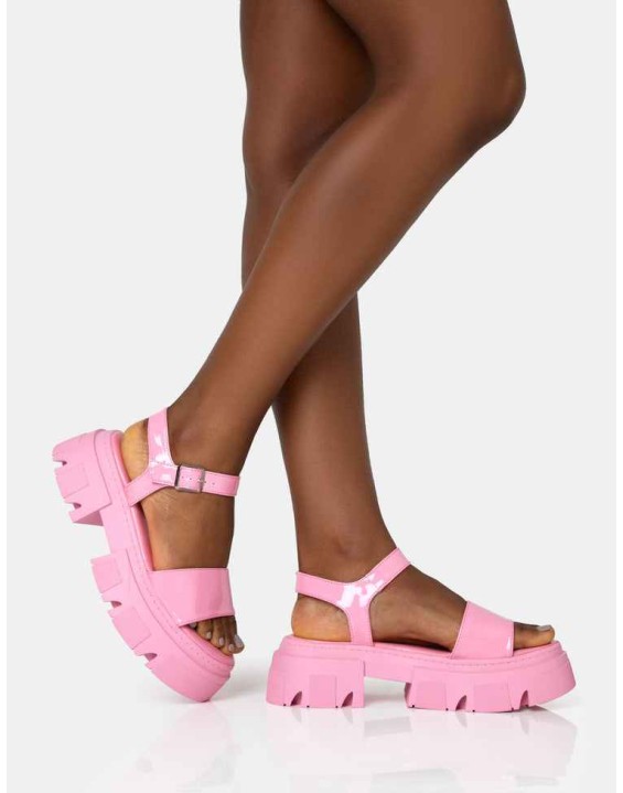 Athens Pink Patent Round Toe Chunky Flat Sandals