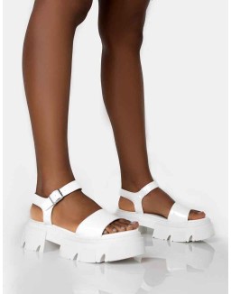 Athens White Patent Round Toe Chunky Flat Sandals