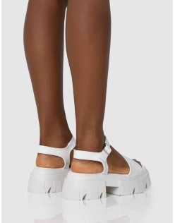Athens White Patent Round Toe Chunky Flat Sandals